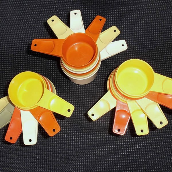 Vintage Tupperware Measuring Cups in Mixed 1970s MOD Colors Tangerine, Avocado Green, Bright Yellow, Burnt Orange Three Complete Sets of 6