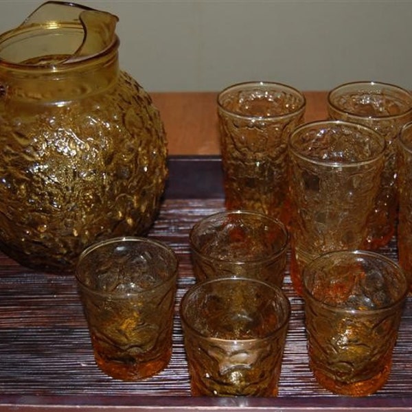 Vintage Lido Milano Anchor Hocking 9 Pieces 2 Qt pitcher and tumbler set in Amber