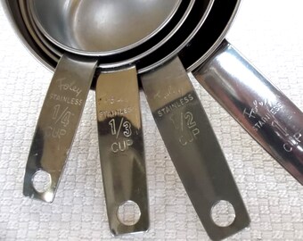 Set of 4 Vintage Foley Stainless Steel Measuring Cups Foley Script Style Stainless Steel Measuring Cups