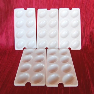 May include: Five white plastic egg cartons, each with six individual egg-shaped depressions. The cartons are arranged in a row, with two cartons on either end and one in the middle.