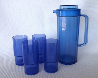 Choice of Vintage Tupperware Pitcher OR 4 New Old Stock Blue 14 Oz Acrylic Tumblers, Sapphire Blue Tupperware, Parts 2003 and 1673