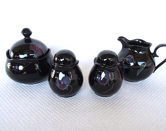 Mikasa RONDO "Tango" Salt Pepper Cream and Sugar EJ 702 circa 1981-1988, Black with Lavender and purple Floral Accents