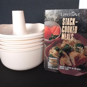 Tupperware TupperWave Stack Cooker and Cookbook Stack Cooked Meals 7 Pc 1990 with Colander Steamer and Cone good pre-owned vintage condition