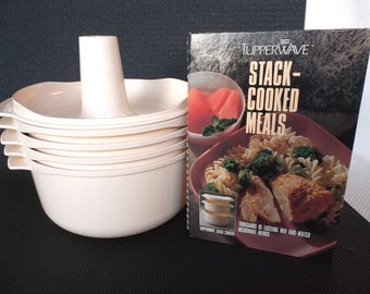 Vintage Tupperware TupperWave Stack Cooker with Cookbook "Stack Cooked Meals" 7 Pieces circa 1990 includes Colander Steamer and Cone