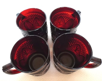 Set of 4 Vintage Cristal D’Arques-Durand "Antique Ruby" Sheer Red Glass Mugs Ruby Pressed Glass Mugs