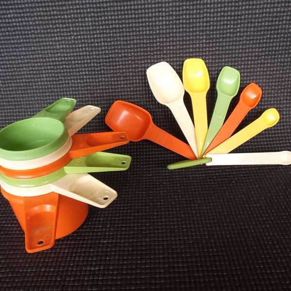 Vintage Tupperware Measuring Cups and Spoons in Citrus Colors of Tangerine Orange, Apple Green and Almond Buttercream