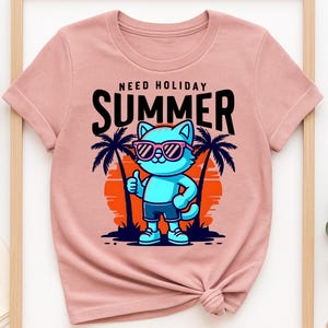 Letni kot PNG, Letnie wibracje png, Potrzebna świąteczna koszulka sublimacyjna, Uroczy rysunkowy kot SVG dla Cricut, Klipart plażowy, natychmiastowe pobieranie, DTF