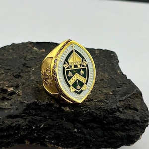 May include: A gold ring featuring an oval-shaped face with a green and gold shield emblem. The emblem displays a mitre, keys, and religious symbols. The ring band is textured with small red stones along the sides and intricate gold engravings.