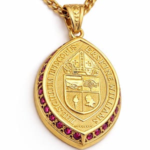 May include: A gold-colored pendant necklace with a chain. The pendant is an oval shape with a crest design in the center, surrounded by small red gemstones. The chain is also gold-colored.