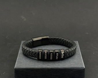 Personalized Leather Bracelet for Men, Custom Name Beads Bracelet, Dad Gift, Kids Name Bracelet, Husband  Boyfriend Bracelet, Christmas Gift