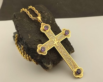 Colgante pectoral personalizado de oro con cruz y piedras de amatista, collar con cruz de obispo cristiano, regalo para clérigos católicos, joyería hecha a mano.