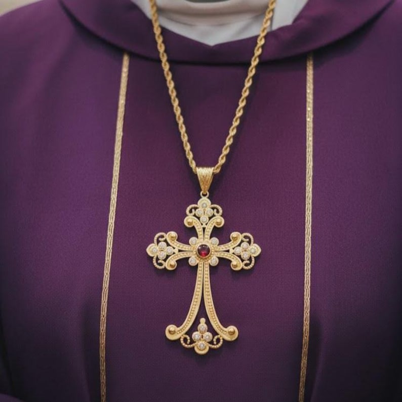 18K Gold Lady Bishop Pectoral Cross Necklace | Ruby & Diamond Accent ...