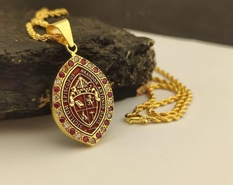 Personalized Bishop Seal Necklace, Custom Episcopal Coat of Arms Pendant, Marquise Ruby Halo Medallion, Catholic Clergy Gift