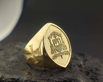 Custom  Bishop Ring with Side Crosses & Personalized Seal – Sterling Silver Clergy Coat of Arms Ring, Pope Francis,  Apostle Seal Jewelry