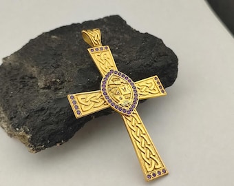 Personalized Episcopal Seal Cross Necklace, Amethyst Stones, Large Celtic Cross Pendant, Religious Gift for Him, Silver Cross
