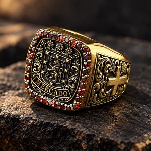 May include: A gold-toned ring featuring a square face with a central crest depicting a lion, surrounded by small red stones. The word MERCADO is engraved below the crest. The sides of the ring display intricate scrollwork and a prominent cross.