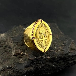 Personalized Bishop Seal Ring with Ruby Stones | Custom Gold-Plated Silver Crest Ring | Clergy or Family Coat of Arms Jewelry