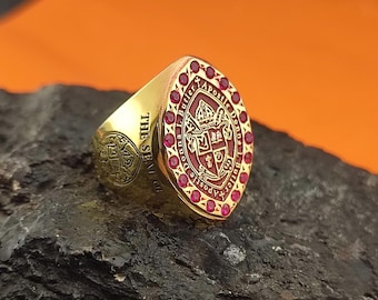 Personalized Bishop Seal Ring with Amethyst Stones | Custom Gold-Plated Silver Crest Ring | Clergy or Family Coat of Arms Jewelry