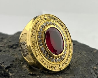 Custom Bishop Ring with Ruby, Unified Church's International Archbishop Ring, Ecclesiastical Clergy Jewelry, Metropolitan Primate Gold Ring