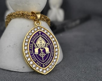Bishop Pendant Necklace with Amethyst Stones, Custom Religious Coat of Arms Necklace, Clergy Jewelry, Gold Bishop Medallion