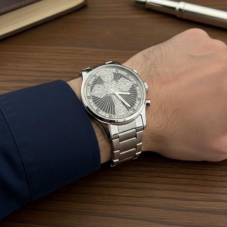 Silver personalized wrist watch with a detailed vintage cross design, customizable with photos or initials.