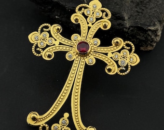 Large Gold Cross Pendant, Filigree Byzantine Cross Necklace, Statement Orthodox Cross, 50mm 70mm 100mm Sizes, Ruby Gold Cross for Women