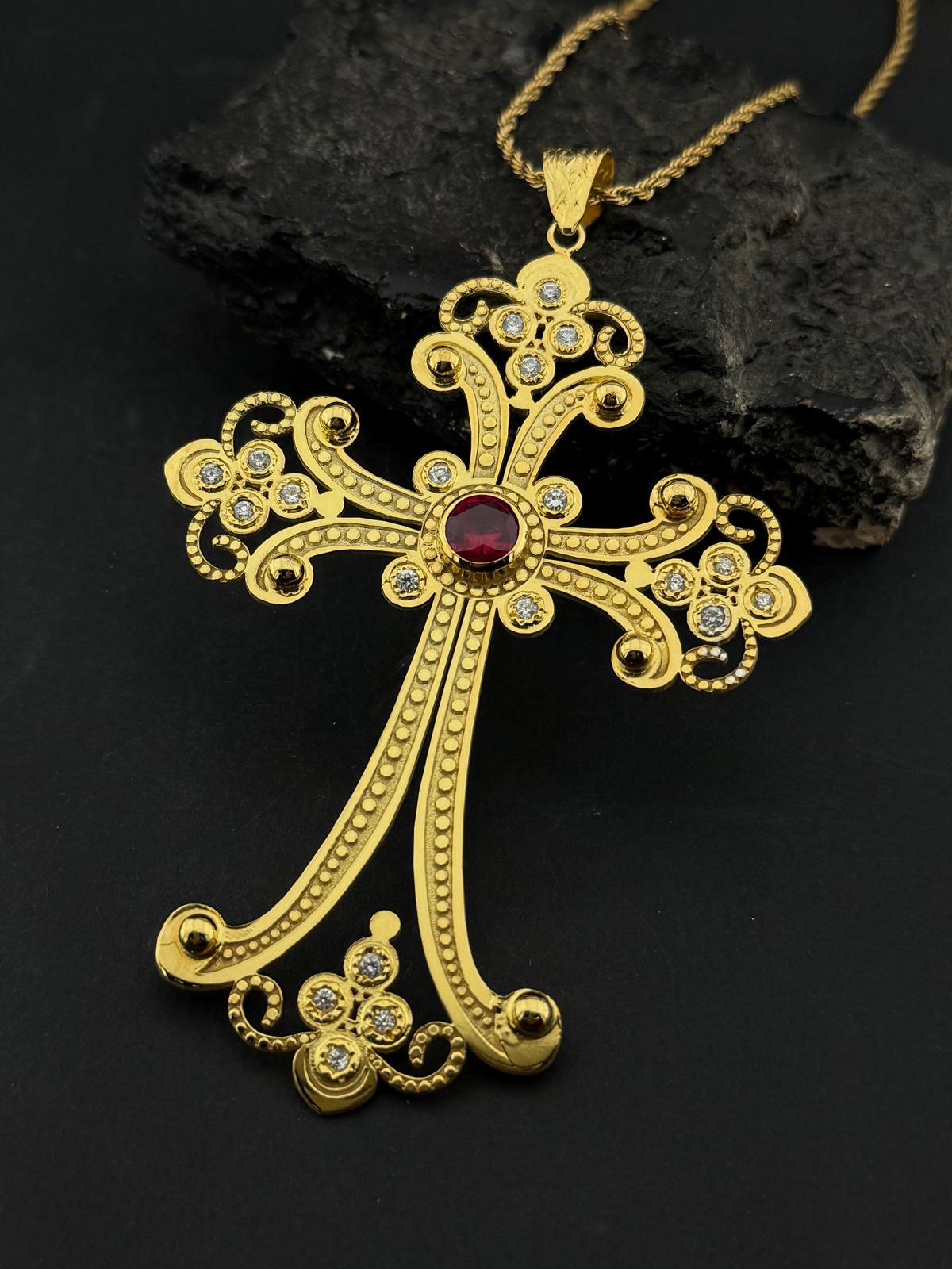 Pendentif Croix Rétro Grande Taille - Or Avec Strass Sur Fond Bleu - Alliage - Occasion Très Bon état