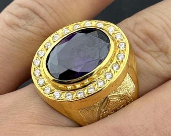 Personalized Bishop Ring, Amethyst Diamond Accents Gold Plated Silver Seal Ring, Archbishop Crest Ring, Custom Clergy or Family Coat of Arms