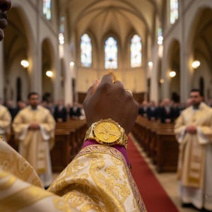 Customized gold watch featuring an ornate engraved cross on the face, personalized jewelry for men