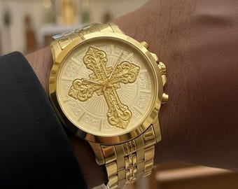Benutzerdefinierte Goldkreuz Uhr für Männer, handgefertigter religiöser Schmuck, 18K Vergoldete Luxusarmbanduhr, christliches Geschenk für ihn, Taufgeschenk