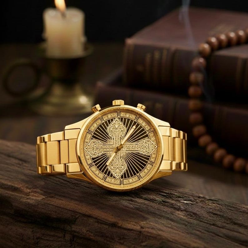 Op de afbeelding: Een goudkleurig polshorloge met een ronde kast en een bijpassende schakelarmband. De wijzerplaat toont een opvallend, sierlijk kruisontwerp tegen een zwarte achtergrond met stralende lijnen, aangevuld met goudkleurige wijzers en markeringen.