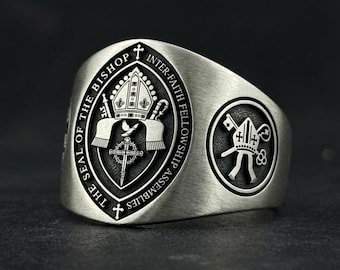 Christian Signet Ring Men | Coat of Arms Shield Ring | Silver Religious Jewelry | Vintage Cross Ring | Bishop Pastor Gift | Crest Ring