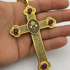 Gold Pectoral Cross Pendant, Large Bishop Cross Necklace, Faith Jewelry, Ruby Gold Cross for Men, Clergy Religious Gift, Statement Cross