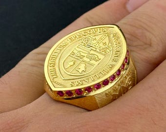 Personalized Bishop Seal Ring with Ruby Stones | Custom Gold-Plated Silver Crest Ring | Clergy or Family Coat of Arms Jewelry