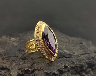 Marquise Amethyst Ring • Diamond Halo Ring • Custom Side Engraved Ring • Gold Plated Silver Women’s Statement Ring • Personalized Gift