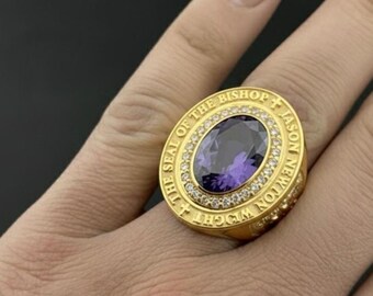 Custom Bishop Ring for Men, Personalized Amethyst Signet Ring, 14K Gold Over Silver, Large Crest & Coat of Arms Ring, Clergy Jewelry Gift
