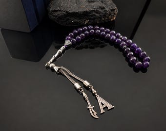 Personalized Amethyst Tasbih with Zulfiqar Sword & Initial Charm