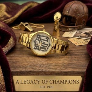 Puede incluir: Reloj dorado con el logotipo de la NFL en la esfera y una correa dorada. El reloj se exhibe con un silbato dorado, un trofeo y un casco de f&uacute;tbol americano vintage. La inscripci&oacute;n dice "A LEGACY OF CHAMPIONS EST. 1920."