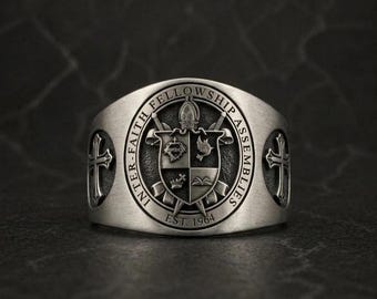Christian Signet Ring Men | Coat of Arms Shield Ring | Silver Religious Jewelry | Vintage Cross Ring | Bishop Pastor Gift | Crest Ring