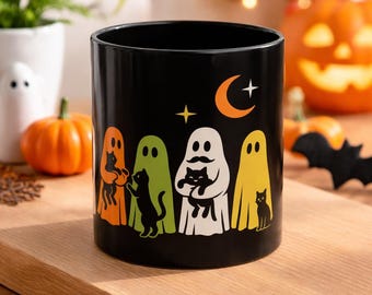 Taza de café fantasma de Halloween, taza negra de otoño, taza de cerámica de temporada espeluznante