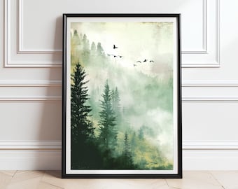 Grafika „Moody Forest”: Sztuka ścienna w stylu retro (do pobrania w wersji cyfrowej)