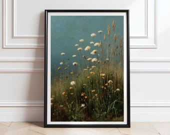 Grafika z łąki z dzikimi kwiatami w stylu vintage: nastrojowa sztuka ścienna w stylu botanicznym (do pobrania w wersji cyfrowej)