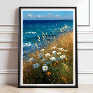 Coastal Printable Wildflowers Painting, Vintage Summer Print, Digital Seaside Cliff Art, Ocean Blossoms, Spring Wall Art, Floral Art
