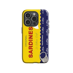 Retro Sardine Can Phone Case, Nautical Yellow and Blue Design, for iPhone 17 16 15 14 13 12 11 XR SE & Samsung Galaxy S25 S24 S23 S22 Ultra,