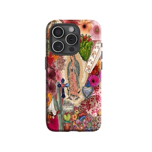 Our Lady of Guadalupe Mexican Folk Art Phone Case - Everlasting Love Floral Cactus Collage, Sacred Heart iPhone Samsung Case, Religious Gift