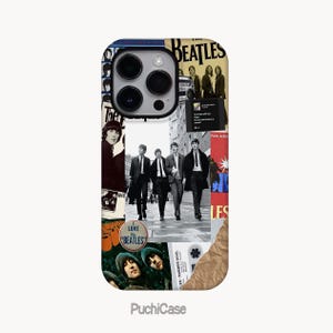 The Beatles Design iPhone 14 13 12 11 8 Pro Max Tough MagSafe Hülle,Samsung Galaxy S22 S23, Vintage British Inspiration Konzertticket-Collage