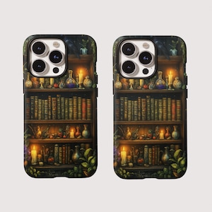 Magisch boek telefoonhoesje, bloemen donker Academia boekenkast telefoonhoesje, leesgrage telefoonhoesje, iPhone-hoesje boekenkast, boekenplankhoes, BLOEMENBOEKENKAST