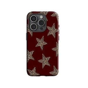 レッドスターとチーター柄の頑丈な携帯電話ケース（Y2Kスタイル）iPhone 17、16、15、14、13、12、11、Samsung Galaxy S25、S24、S23、S22に対応