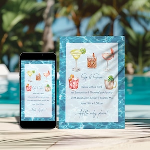 Invitation à une fête à la piscine : le lot comprend une invitation à une fête à la piscine, un panneau pour boire un verre et un panneau de bienvenue - modèle Canva entièrement modifiable