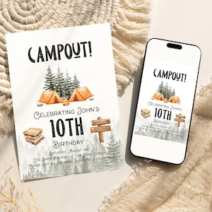 Faire-part d'anniversaire de camping, invitation d'anniversaire de camping, modèle de soirée pyjama, thème de la tente, soirée pyjama, téléchargement numérique modifiable